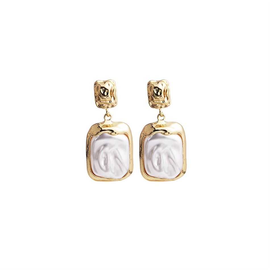 Geometric Folds Imitation Pearl Square Pendant Earring for Women Sweet Gift Simple Temperament Creative Jewelry Accessory