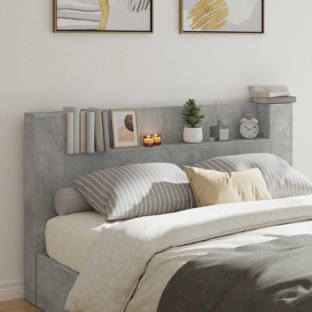 Storage Headboard with LED Lighting Concrete Grey Wood Based Material
