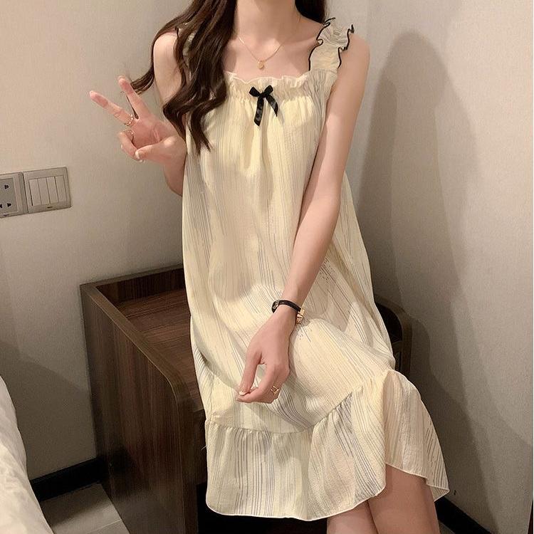 Schlafrock, weiblich, Sommer, süß, süß, Sling-Pyjama, mittellang, Nachtwäsche, Kleid, Homewear, ärmellose Pyjama-Sets für Frauen