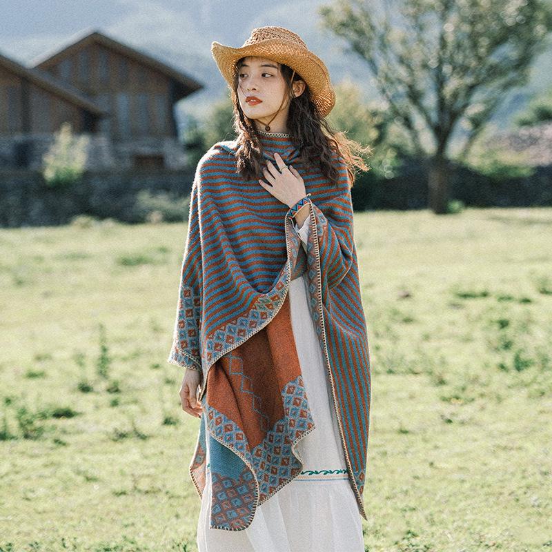 New Yunnan Ethnic Style Double-Sided Shawl: Versatile Warm Cloak Scarf for Women