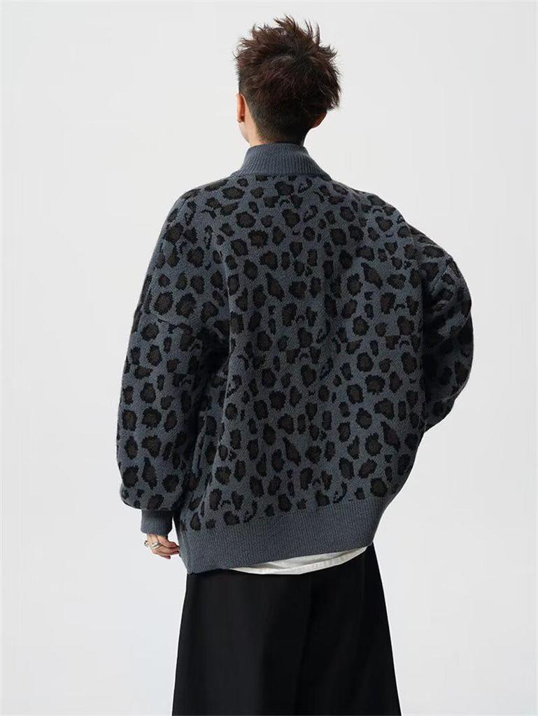 American Trendy Men's Leopard Print Retro Knit Cardigan - Loose Fit Casual Couple Outerwear
