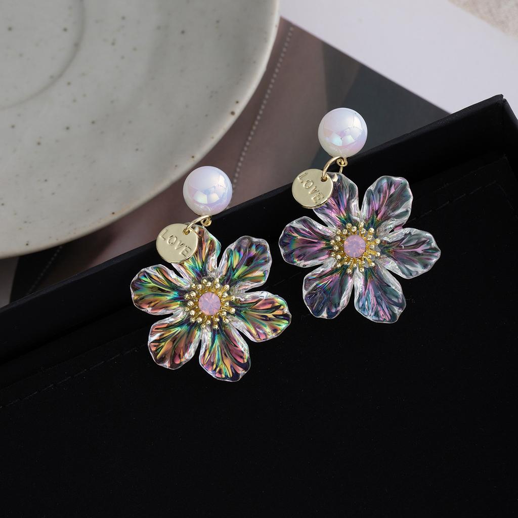 Summer Colorful Pearl Flower Pendant Earrings, Small Fresh Fashion High Sense Sweet Resin Earrings