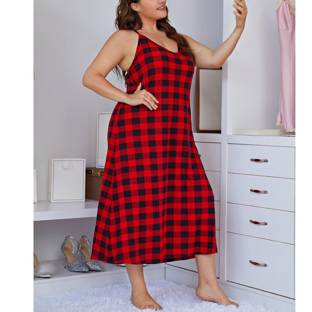 Women's Plus Size Long Nightdress Cami Full Slip Nightie Jersey Nightgown Buffalo Plaid Floral Sleeveless Nightwear Sleep Pajama Night Dress 1XL-4XL