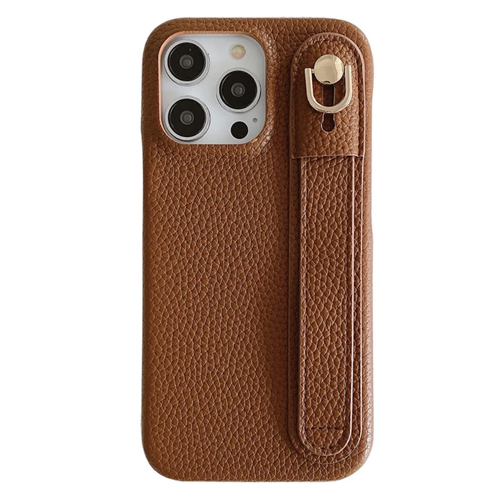 

For iPhone 15 Pro Case Wristband Kickstand PU Leather+PET Phone Cover Dark Brown