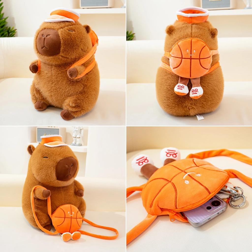 Kawaii Removable Basketball Backpack Capybara Plush Doll Pillow Stuffed Animal Cartoon Capybara Plush Toy Gift Boys And Girls