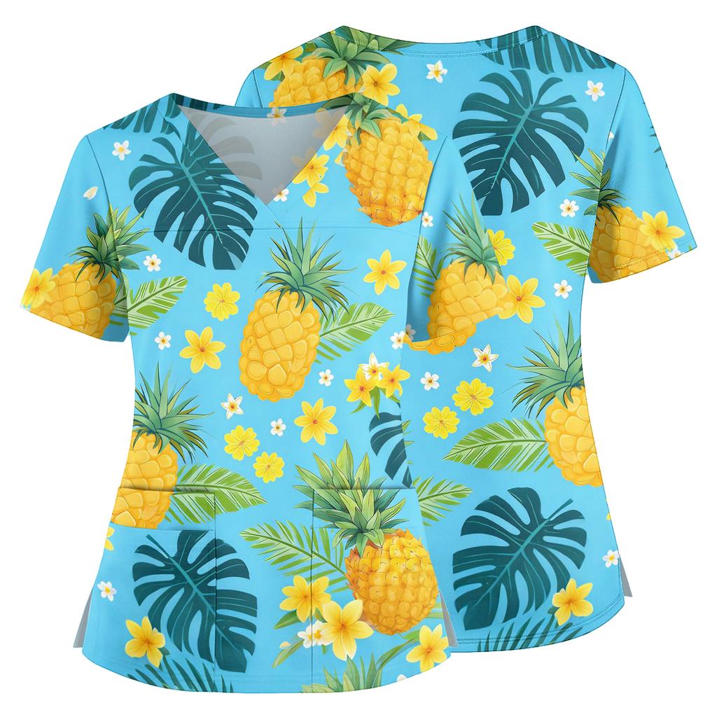 Women V Neck Medical Scrub Top Hawaiian Print Short Sleeve Side Slit Nursing Uniform Shirt with Front Pocket Comfortable Fit