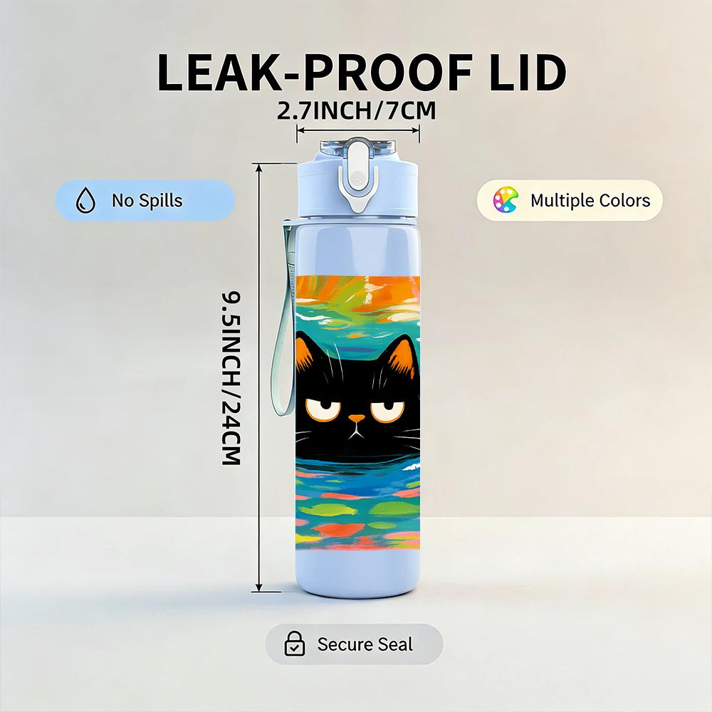 1PC Color Block Black Cat Canvas 750ml Color Plastic Sports Water Bottle Leakproof Flip Straw Lid Suitable for Sports Office Home Use