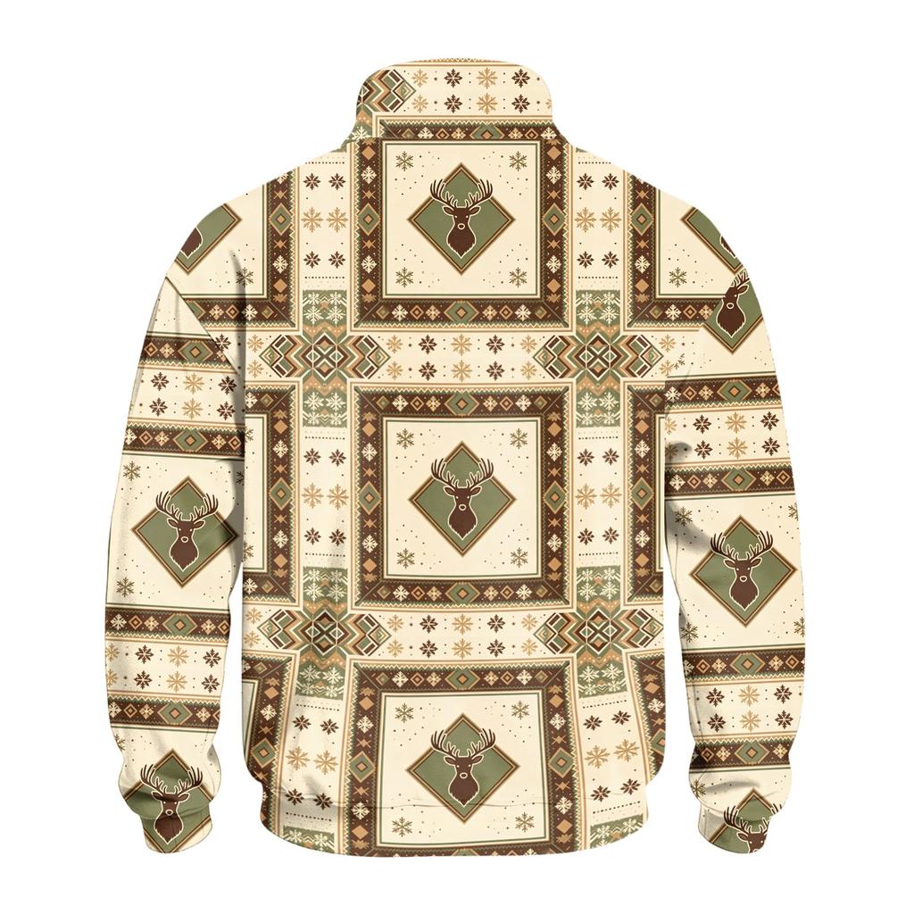 Men's Casual Quarter-Zip Stand Collar Sweatshirt with Christmas Print, Holiday Pullover