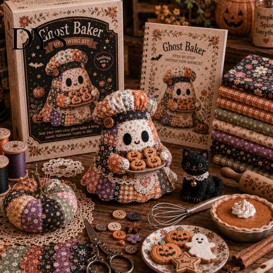 Decorative Ghost Sewing Pattern Halloween Patchwork Kit, Cute Doll DIY Set with Pre-Cut Cozy Fall Art Project Fabrics, Autumn Holiday Craft