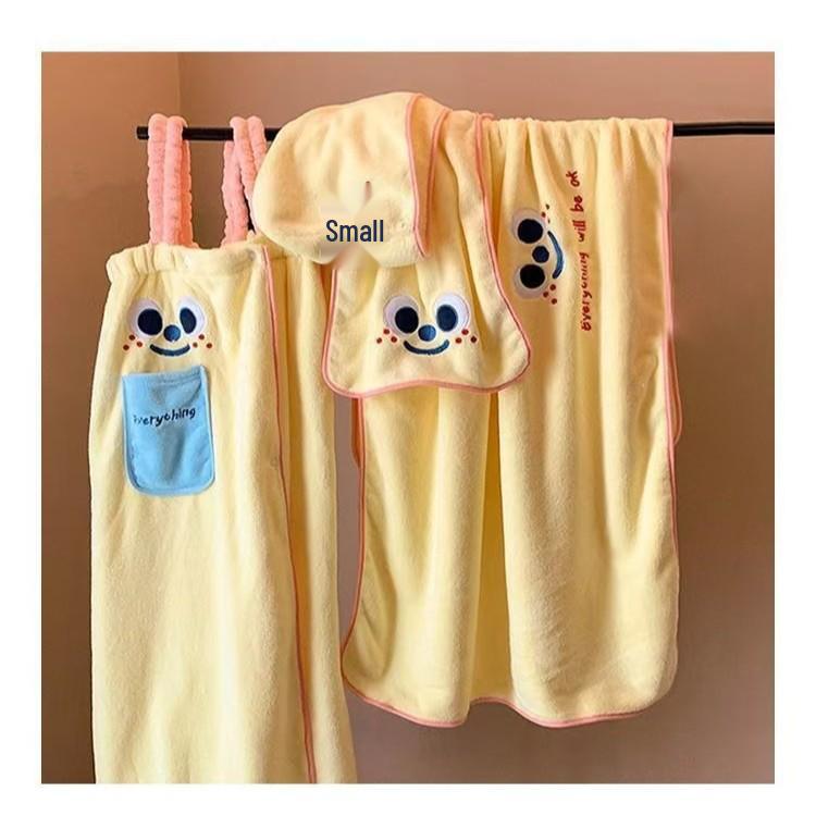 Cute Coral Fleece Bathrobe Set: Wearable Quick-Dry Bath Skirt & Hair Drying Cap Face Towel
