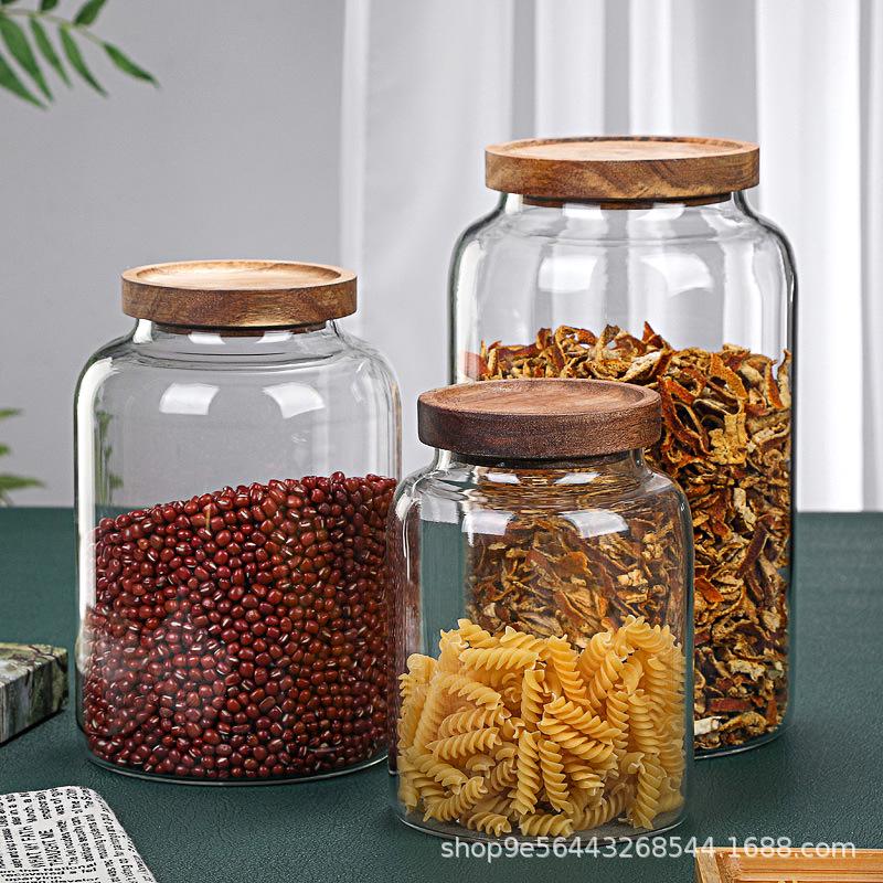 Large Capacity Acacia Wood Glass Storage Jar for Kitchen