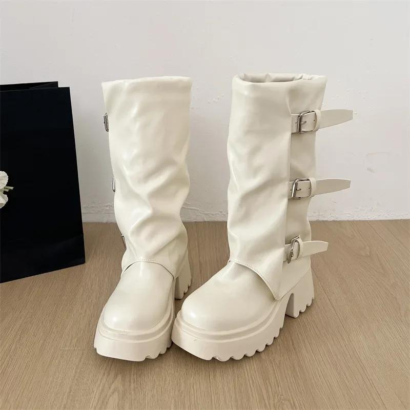Punk Style Women Knee-High Boots Square High Heels Shoes Female Belt Buckle Long Booties Autumn Winter Zapatos De Mujer
