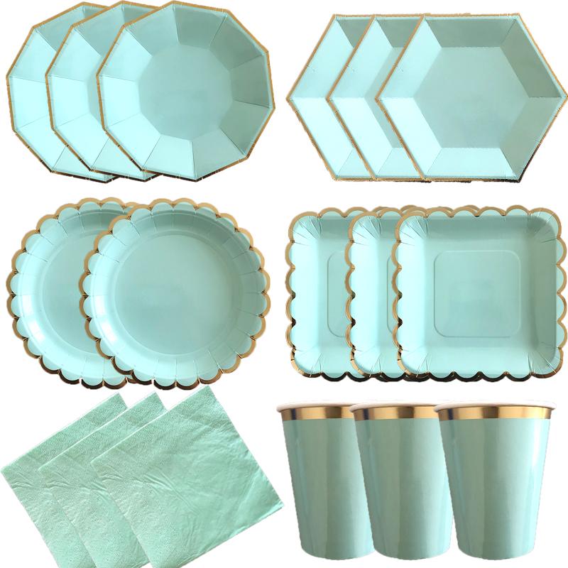 Mint Green Gold Disposable Tableware Party Napkins Paper Plates Straw Cup Kids Birthday Party Supplies Favor Wedding Decoration
