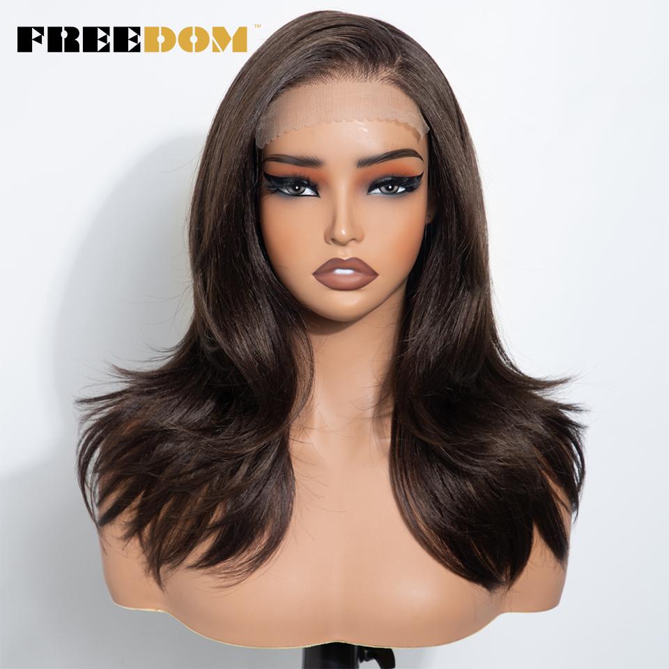 FREEDOM Synthetic Lace Front Wigs For Woman Layered Straight Wear and Go Glueless Wig 20" Ombre Brown Blonde 6x4 Pre Plucked Wig