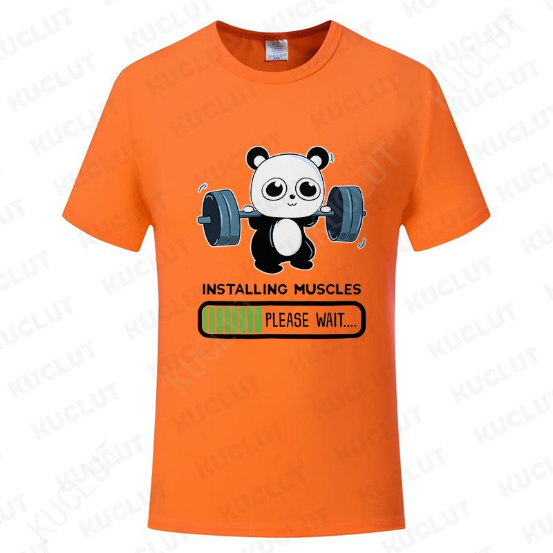 Funny Panda Gym Print T-Shirt Unisex Tees for Men Women O-neck Casual Short Sleeved Weightlifting Installing Muscles Basic Tops