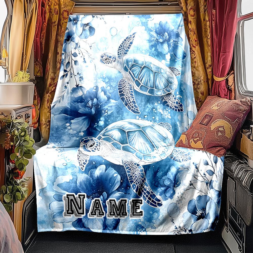 Blue Sea Turtles And Floral Artwork Design Blanketcustomizable With Your Namecomfortable And Stylish Perfect For Travel Beds Chairs Offices Sofas