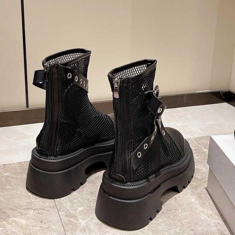 Fashion 6.5cm New Air Mesh Breathable Motorcycle Ankle Boots Genuine Leather Shoes Fashion Sandals Summer Ladies Hollow Boots Woman
