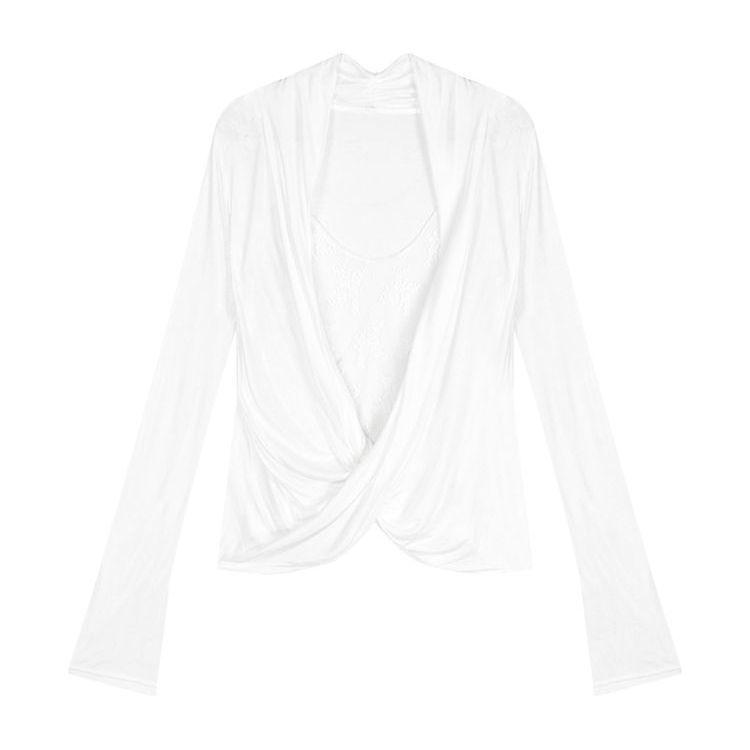 80G modal + lace, lace splicing fake two-piece swing neck T-shirt long-sleeved slim-fit design pure desire top