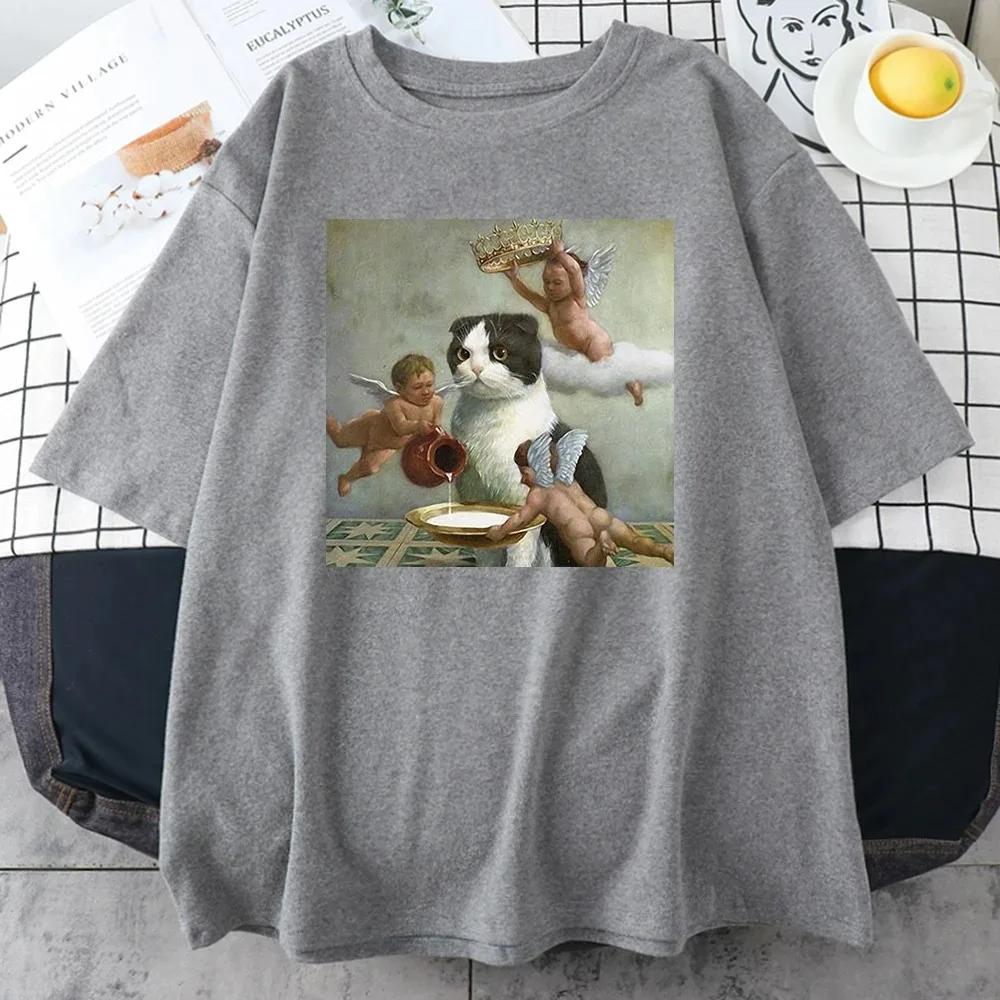 Scottish Fold Angel Crown Print Cotton Men Clothing Personality Casual Crewneck T-Shirts All-math Loose Mans Cotton Short Sleeve