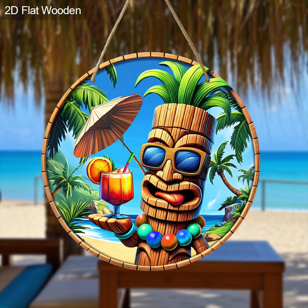 [2D Flat] 20cm Round Wooden Wall Hanging Decor - Tropical Beach Tiki Totem Design with Fruity Drink, Umbrella & Palm Trees, Funny Decor for Home