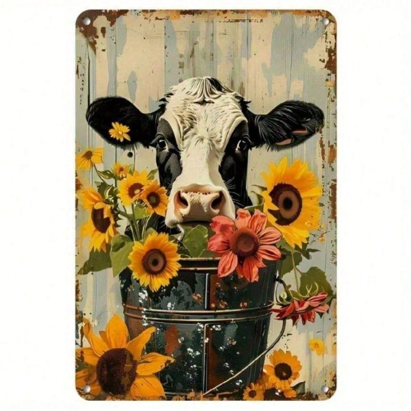 Retro Sunflower Cow Metal Wall Decor, Home Art Poster