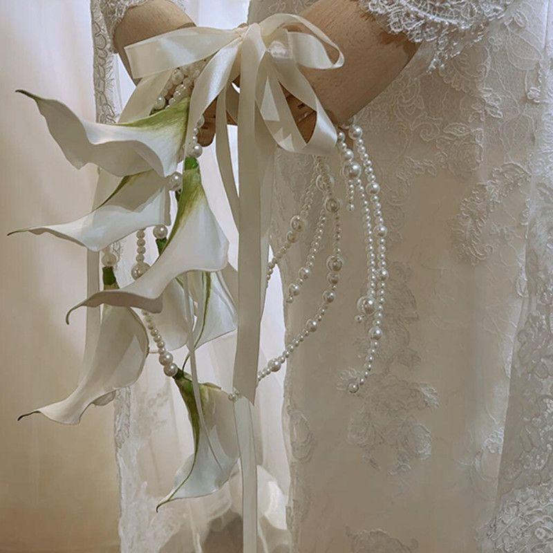 Luxury Artisanal Pearl Hoop Bouquet with Real Touch Calla Lily Orchid for 2026 Old Money Style Wedding Flower Bag Handheld Purse