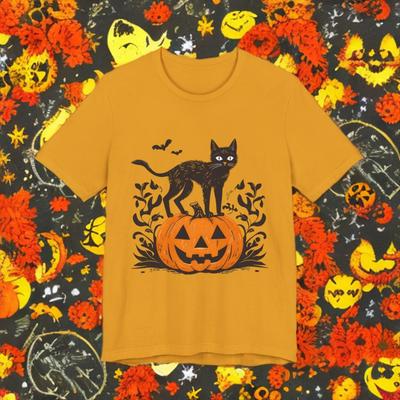 Halloween Black Cat Pumpkin Tee, Spooky Season Shirt, Vintage Style Witchy Kitty, Fall Autumn Graphic T-Shirt, Bella Canvas 3001