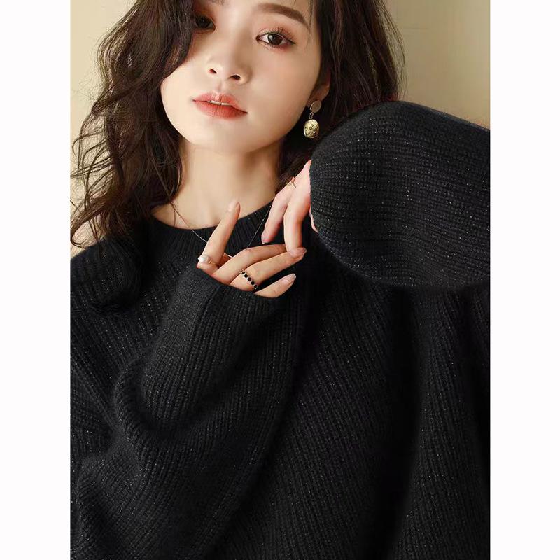 Autumn Winter Women's Loose Lurex Sweater - 100% Pure Wool, Red Round Neck, Trendy Lazy Style
