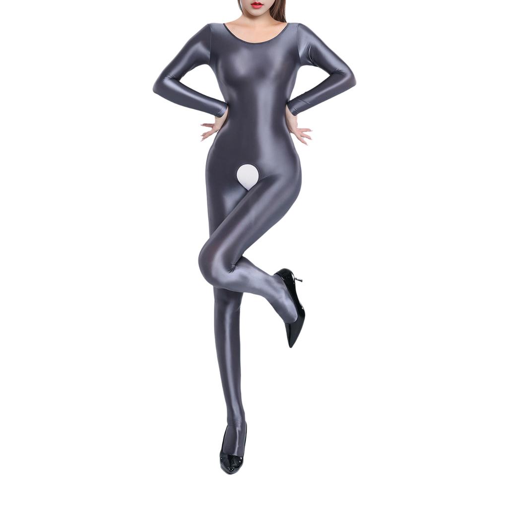 Womens Glossy Smooth Full Body Jumpsuit Long Sleeve Stretchy Bodysuit