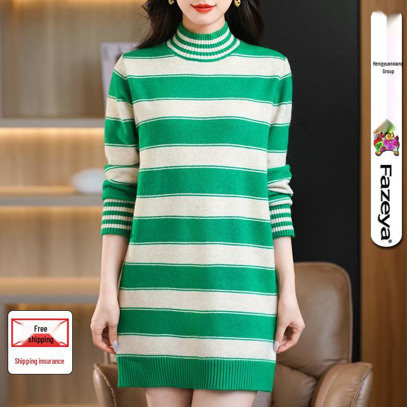 

Вязаное платье Hengyuanxiang 2024 Зима в черно-белую полоску - Миди, Свободное, Свитерок с полувысоким воротником Medium 105 зелёный