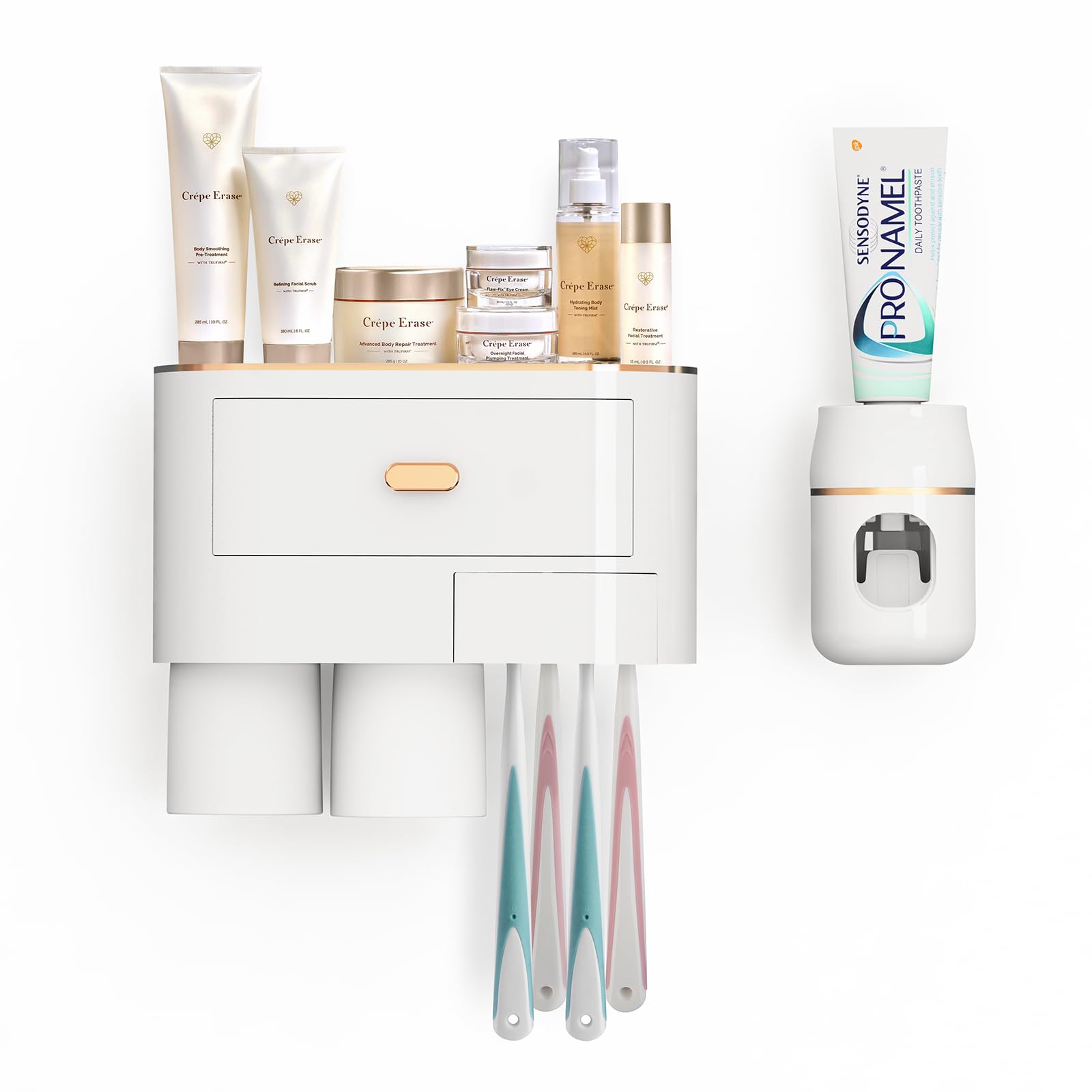 

Linkidea держатель зубной щетки настенный автоматический дозатор зубной пасты выжималка для ванной комнаты с 6 отделениями для зубных щеток 2 чашки и ящик для косметики