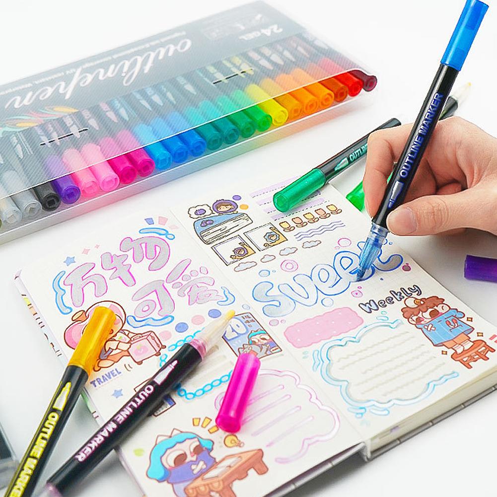 8/12/24 Pcs Metallic Marker Pens Art Line Pen Outline Marker Highlighter Pen For Manga Crafts Scrapbooking School Stationery Supplies