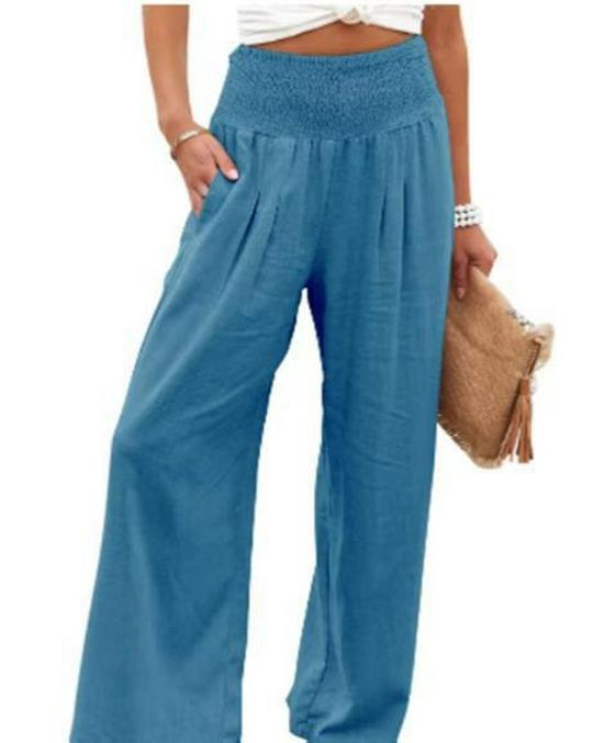 Women's Spring/Summer 2025 Cotton Linen Wide-Leg Pants - Solid Color, Elastic Waist, Casual Long Fit
