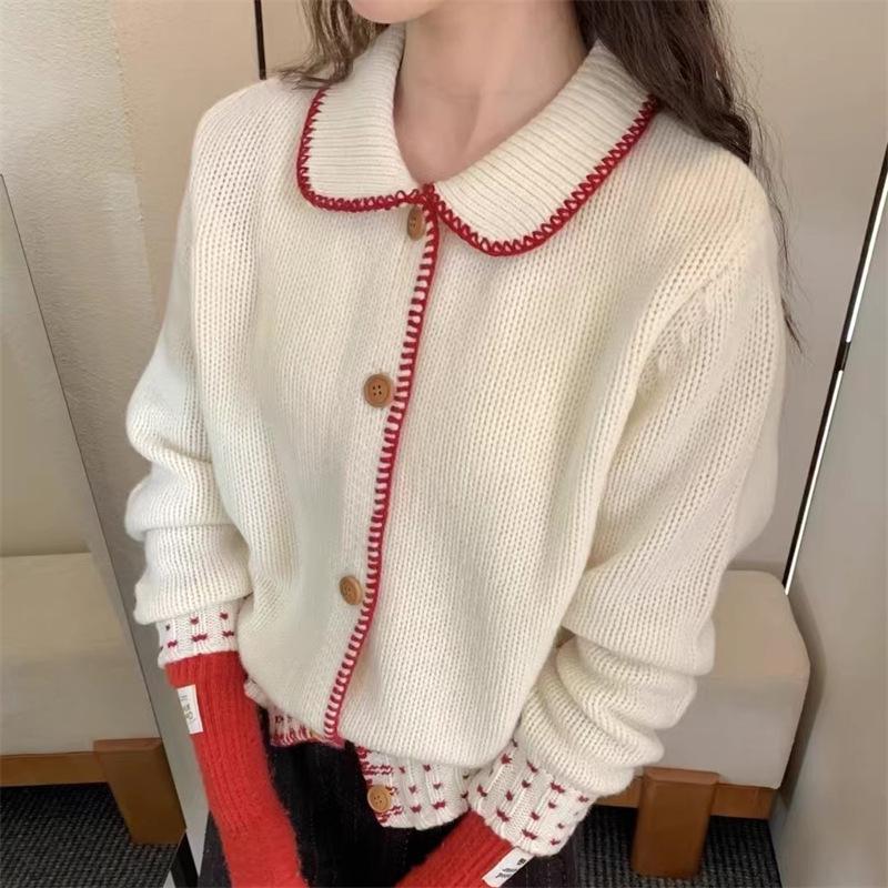 

Женский кардиган в корейском милом стиле с цветными блоками - отложной воротник, приталенный, однобортный вязаный свитер на весну/осень One Size 80-130 грязно-белый