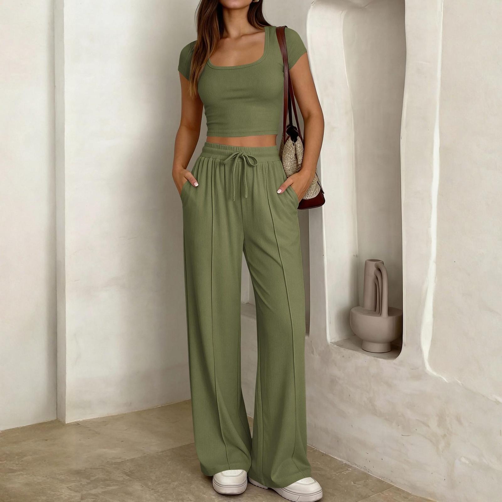 

Ladies Casual Slim Fit Two-piece Set With Short Sleeves And Long Pants XL