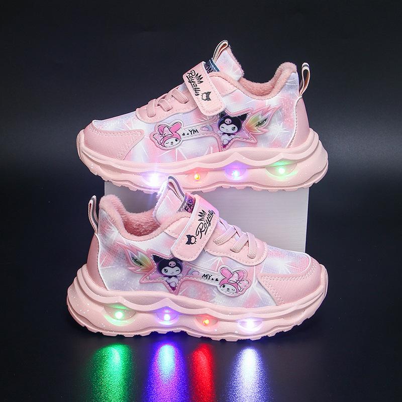 Kuromi Girls' Sneakers with Lights, New Autumn Model, Children's Leather Upper, Non-slip Soft Sole Running Shoes for Toddlers