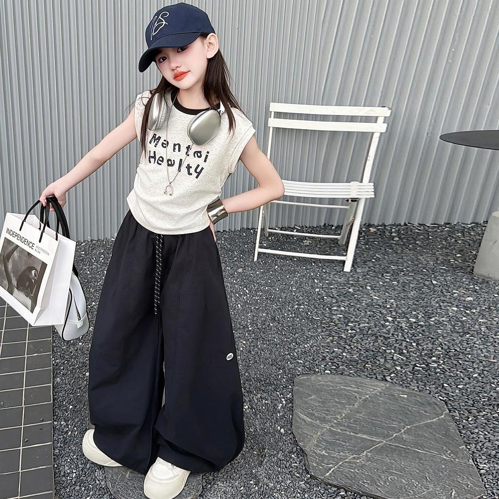 Girls' Korean Style Sleeveless T-shirt & Wide-Leg Pants Set - Casual Summer Street Dance Outfit