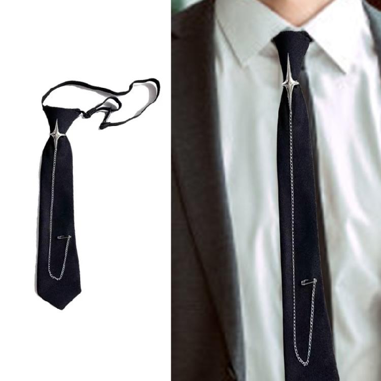 Men Women Crosses Pin Chain Tie for School Event and Casual Dates Adjustable Pre Tied Black Necktie Uniform Neckwear