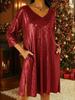New Loose V-Neck Nine-Fifth Sleeve Pleated Skirt Dress
