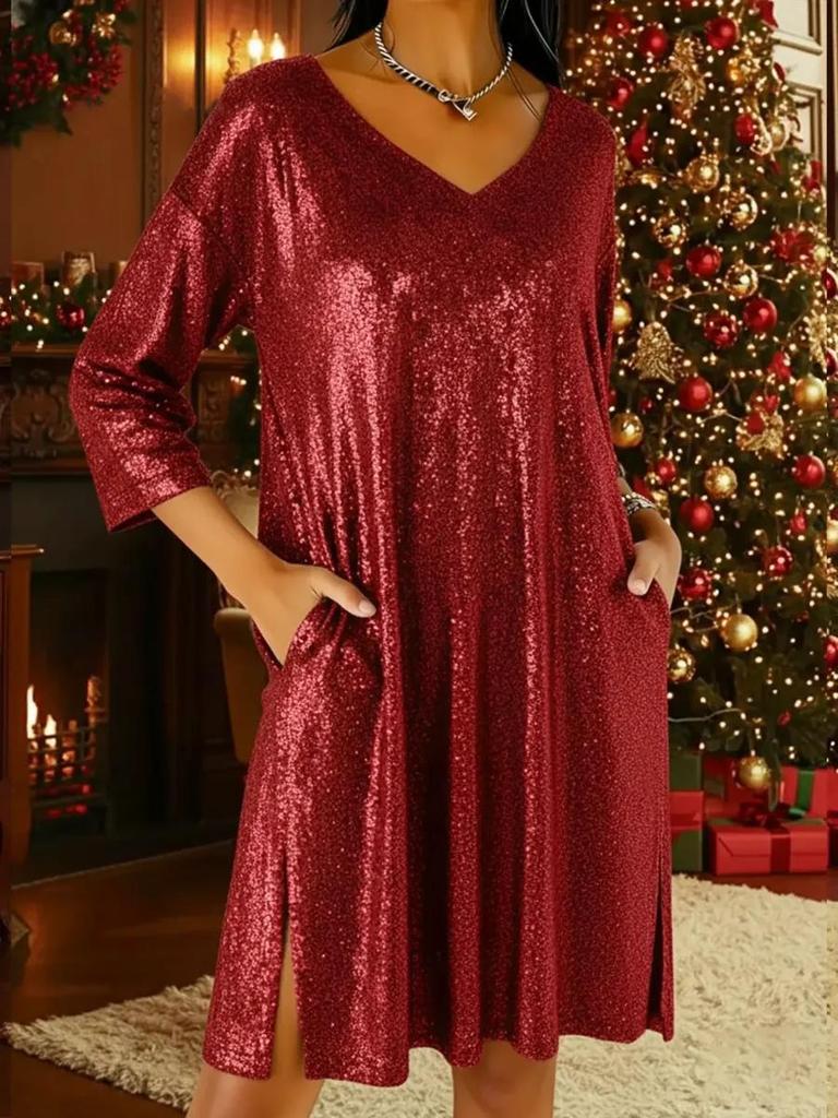 New Loose V-Neck Nine-Fifth Sleeve Pleated Skirt Dress