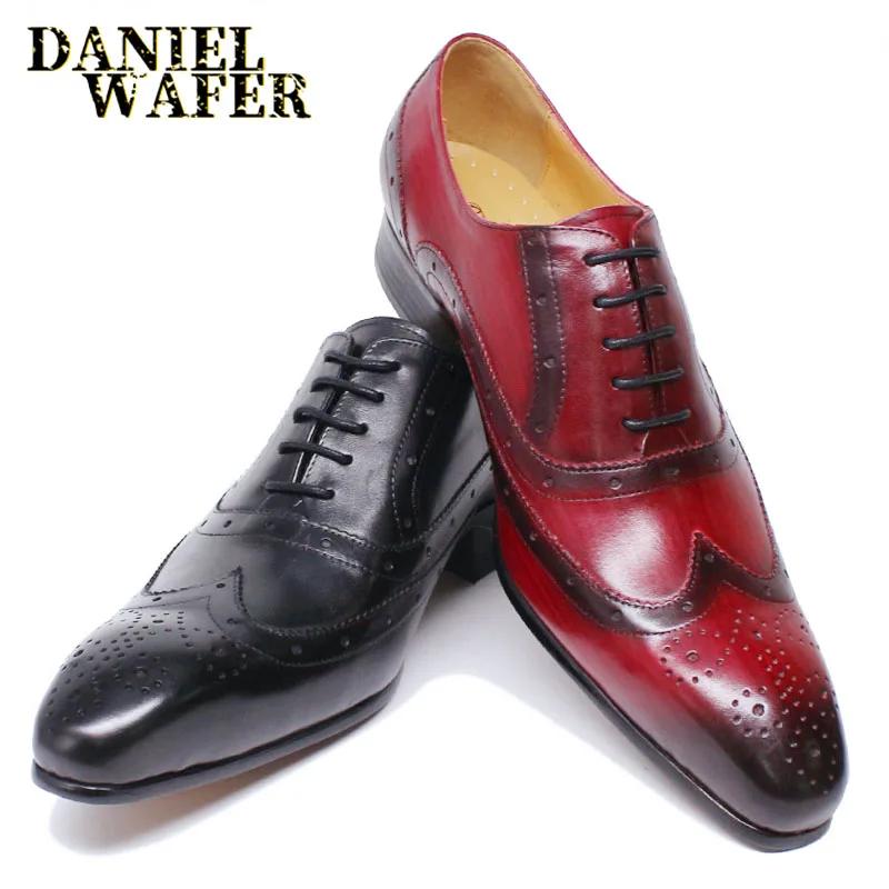 Fashion Men's Fashion Oxford Shoes Black Red Pointed Wingtip Lace-Up Formal Leather Shoes for Office Wedding Dress Luxury