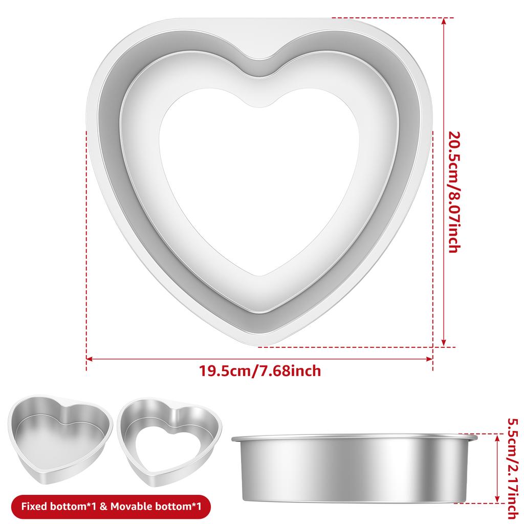 2Pcs 8 Inch Aluminum Heart Cake Bakeware Removable or Fixed Bottom Cake Die for Aluminum Alloy Baking Cake Mold Pan Nonstick