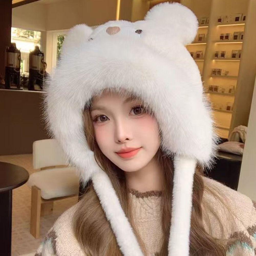 Plush Bear Pullover Cap Cute Winter Warm Hat Creative Bear Ear Beanies Hat Female/Girls