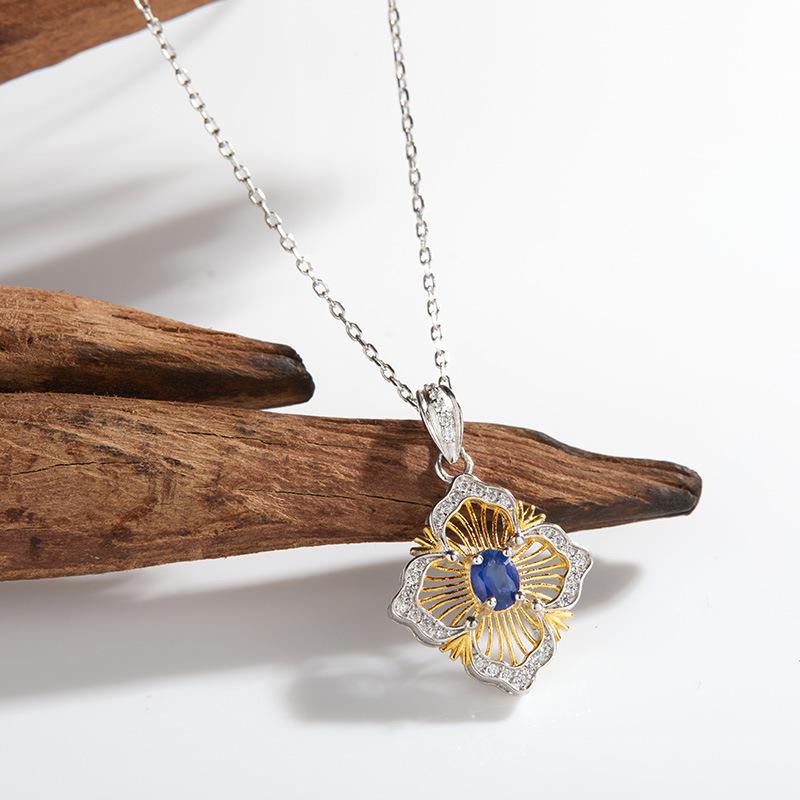Xiaohongshu Colored Treasure Collarbone Chain S925 Sterling Silver Inlaid With Natural Sapphire Necklace Women'S Light Luxury Earrings Pendant