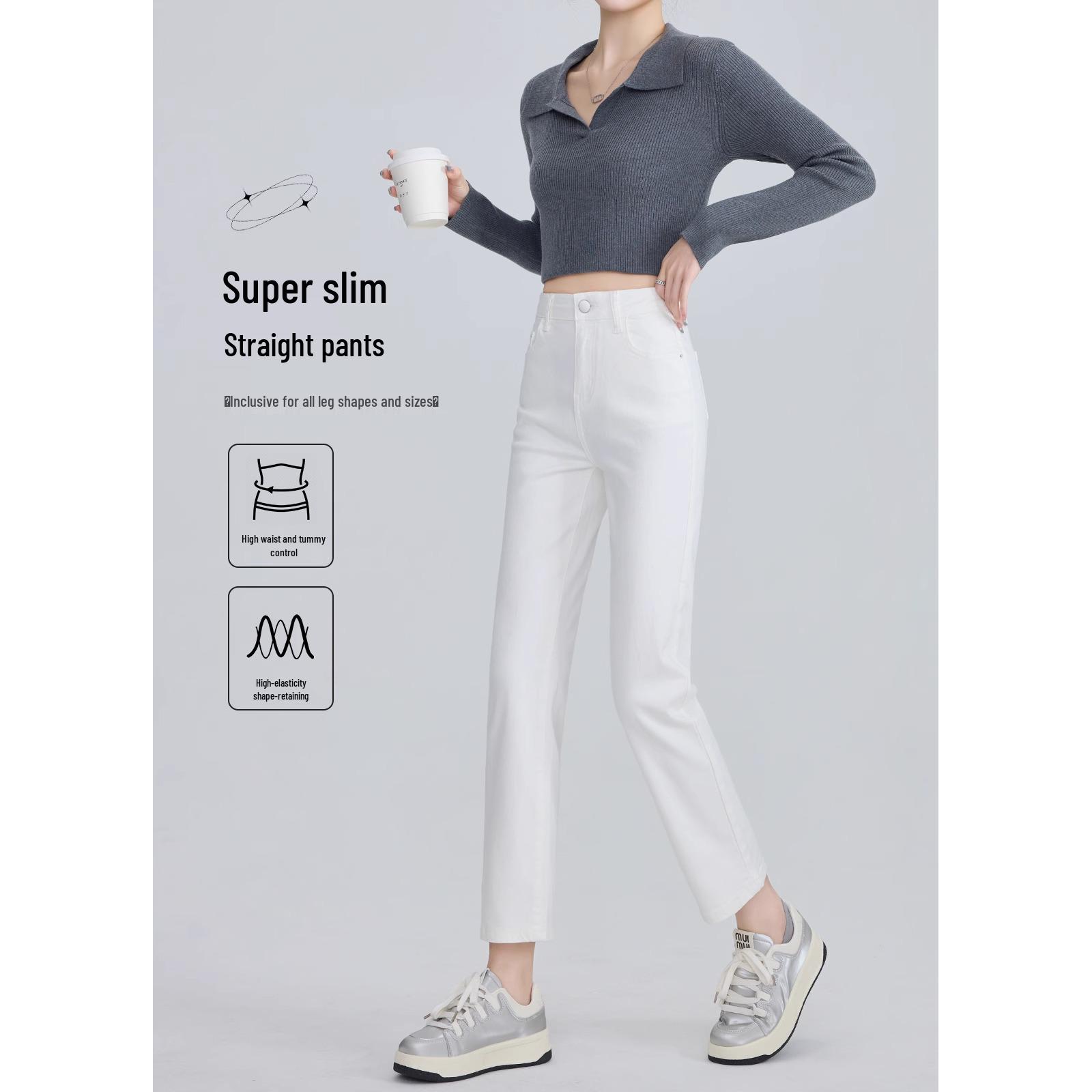 

2025 Women s High Waist Slimming Petite White Straight-Leg Jeans for Spring & Autumn 31 (Weight 136-145 lbs)