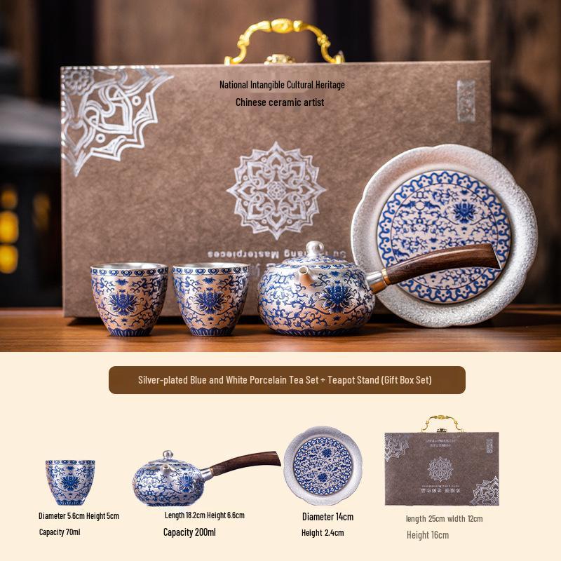 Blue & White Gilded Gongfu Tea Set: Teapot, 2 Cups & Tray In Gift Box for Home or Office.