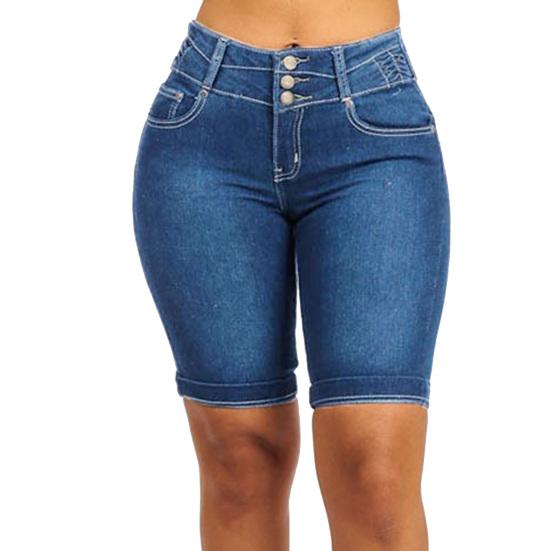 Mid Rise Pockets Buttons Fly Short Jeans Knee Length Stretchy Denim Shorts for