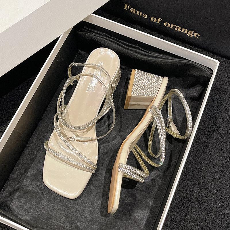 

Босоножки со стразами женские летние новые на толстом высоком каблуке ремешок-перемычка ремешок змеиная обмотка женская обувь 39