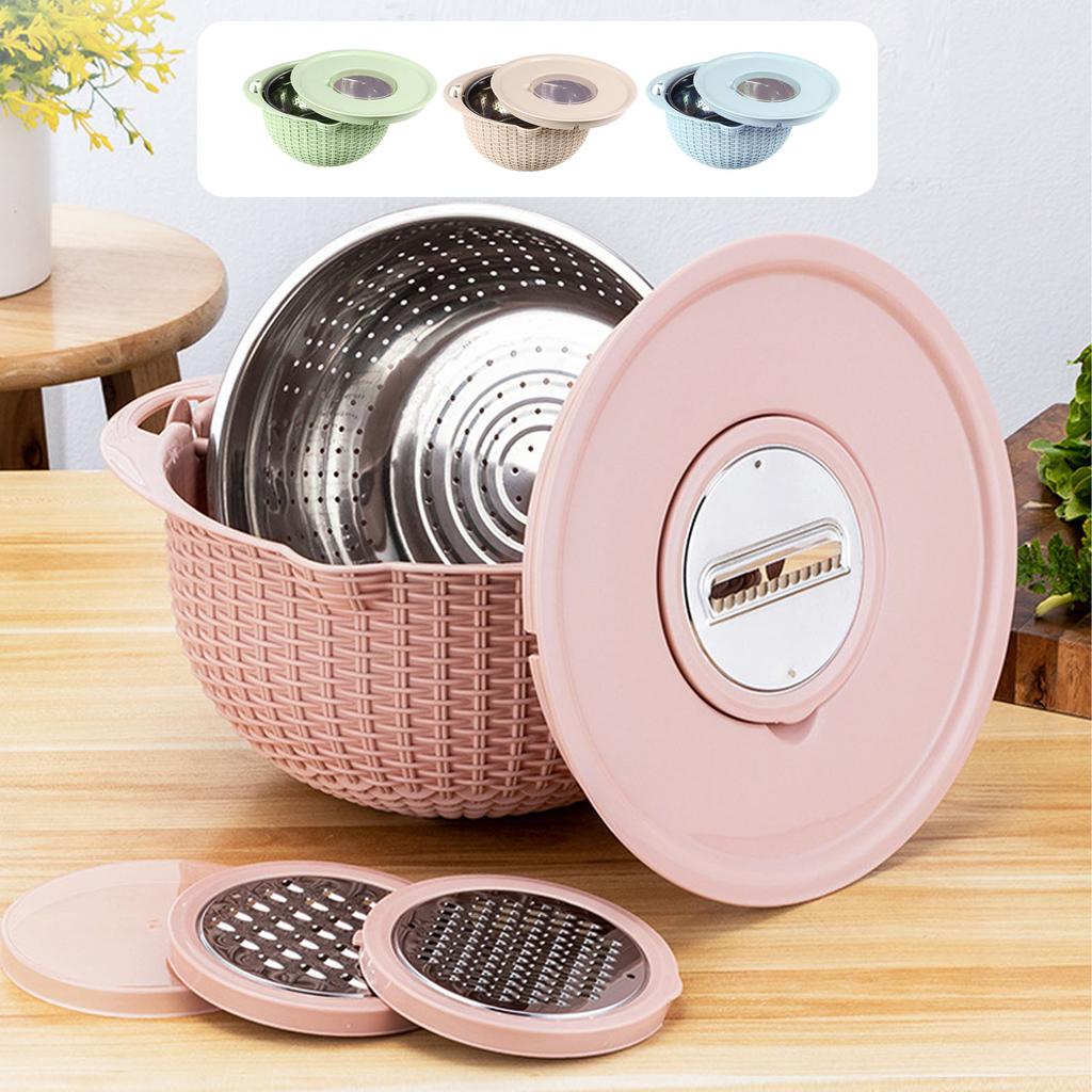 4 in 1 Siebschüssel mit Schneidwerkzeugen Drehbares Sieb 2-lagiger Ergonomischer Griff Vielseitige Gemüsewaschschüssel