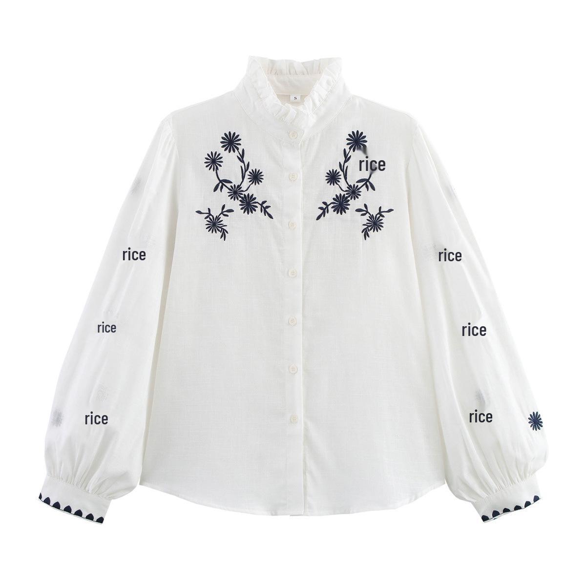 

2025 Summer Women s Fashion: Embroidered Stand-Up Collar Frill-Edge Loose Shirt Medium
